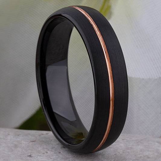 Tungsten Wedding Band or Engagement Ring 6mm Wide Satin Finish 2-Tone Black and Rose Gold IP Plating