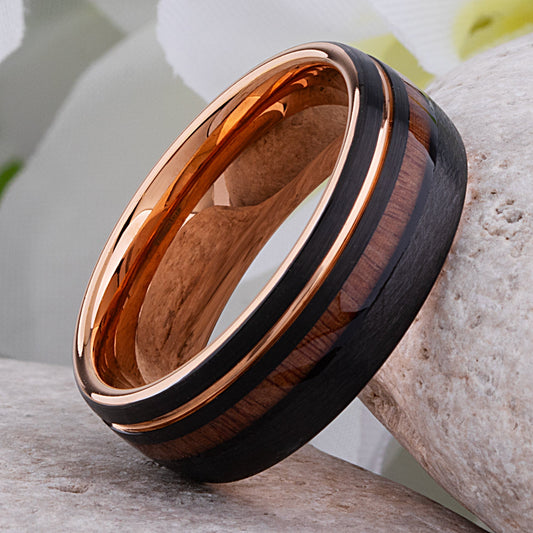 Tungsten Carbide Men's Wedding Band 8mm Wide with Black and Rose Gold Plating and Vietnamese Rosewood Inlay