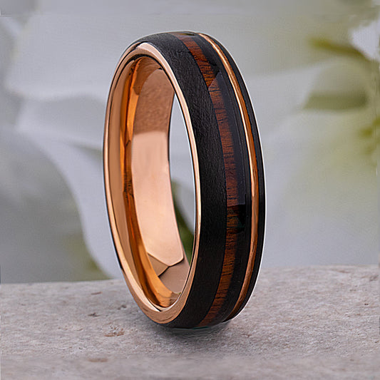 Black and Rose Gold Tungsten Ring with Rosewood Inlay - 6mm Width