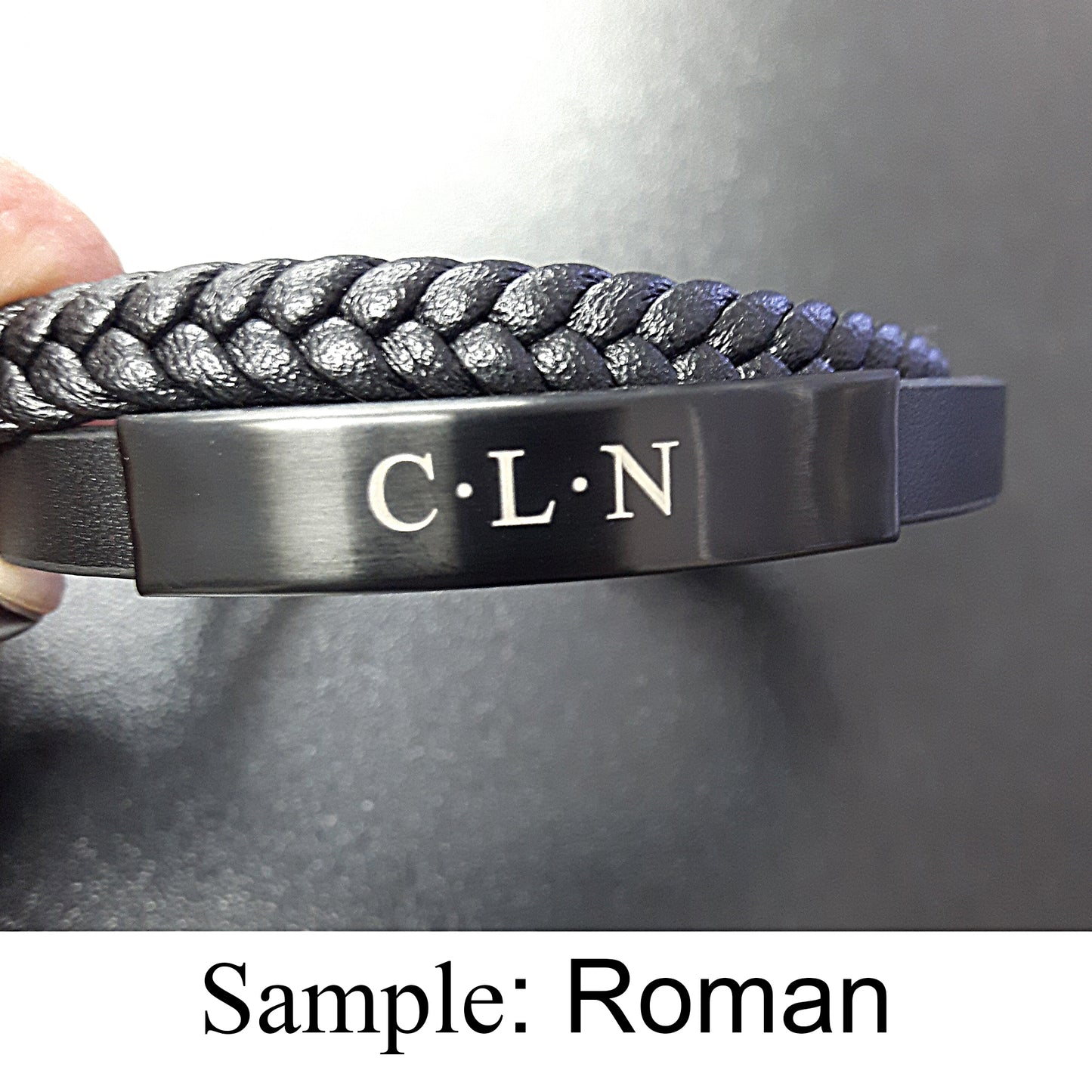 Men's Stainless Steel Black Leather Bracelet With Black Engraving Plate - SSLB118BK