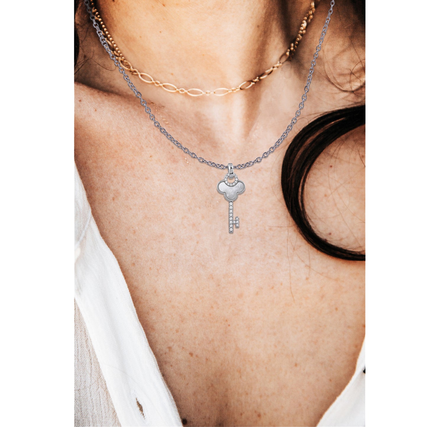 Sterling Silver Key Pendant with Genuine Mother of Pearl - NTZ231