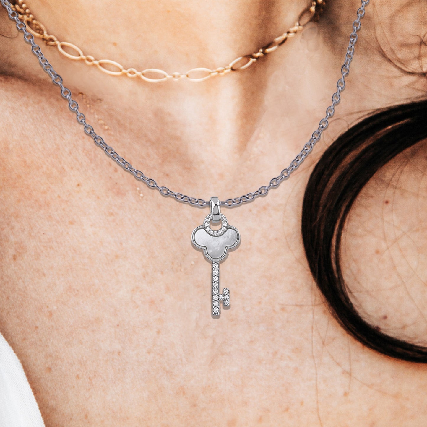 Sterling Silver Key Pendant with Genuine Mother of Pearl - NTZ231