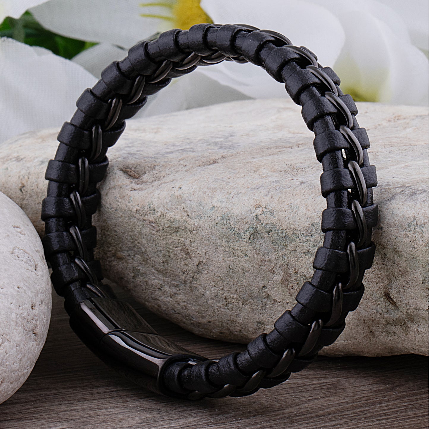Black Stainless Steel Men's Bracelet with Braided Leather - SSLB013