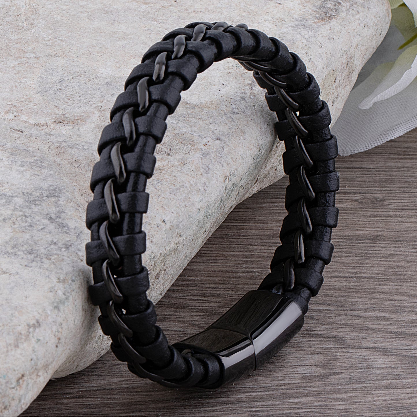 Black Stainless Steel Men's Bracelet with Braided Leather - SSLB013