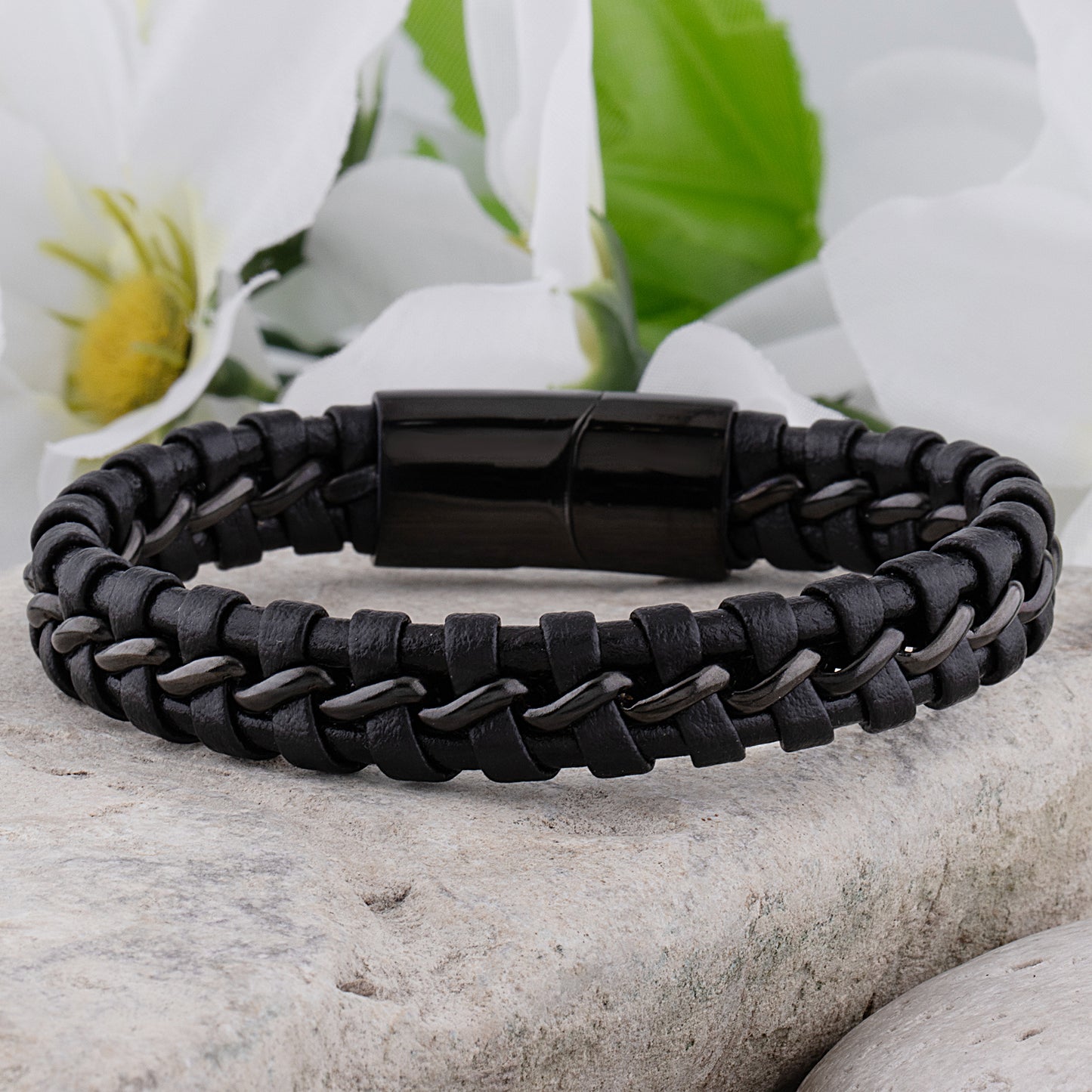 Black Stainless Steel Men's Bracelet with Braided Leather - SSLB013