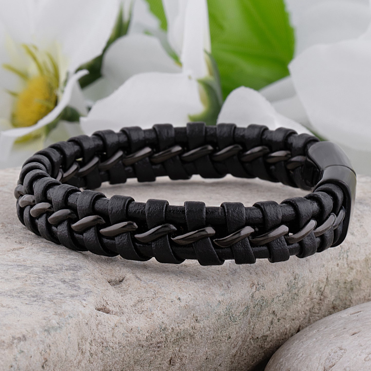 Black Stainless Steel Men's Bracelet with Braided Leather - SSLB013