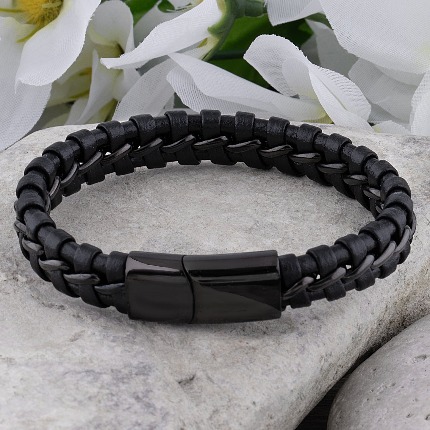 Black Stainless Steel Men's Bracelet with Braided Leather - SSLB013