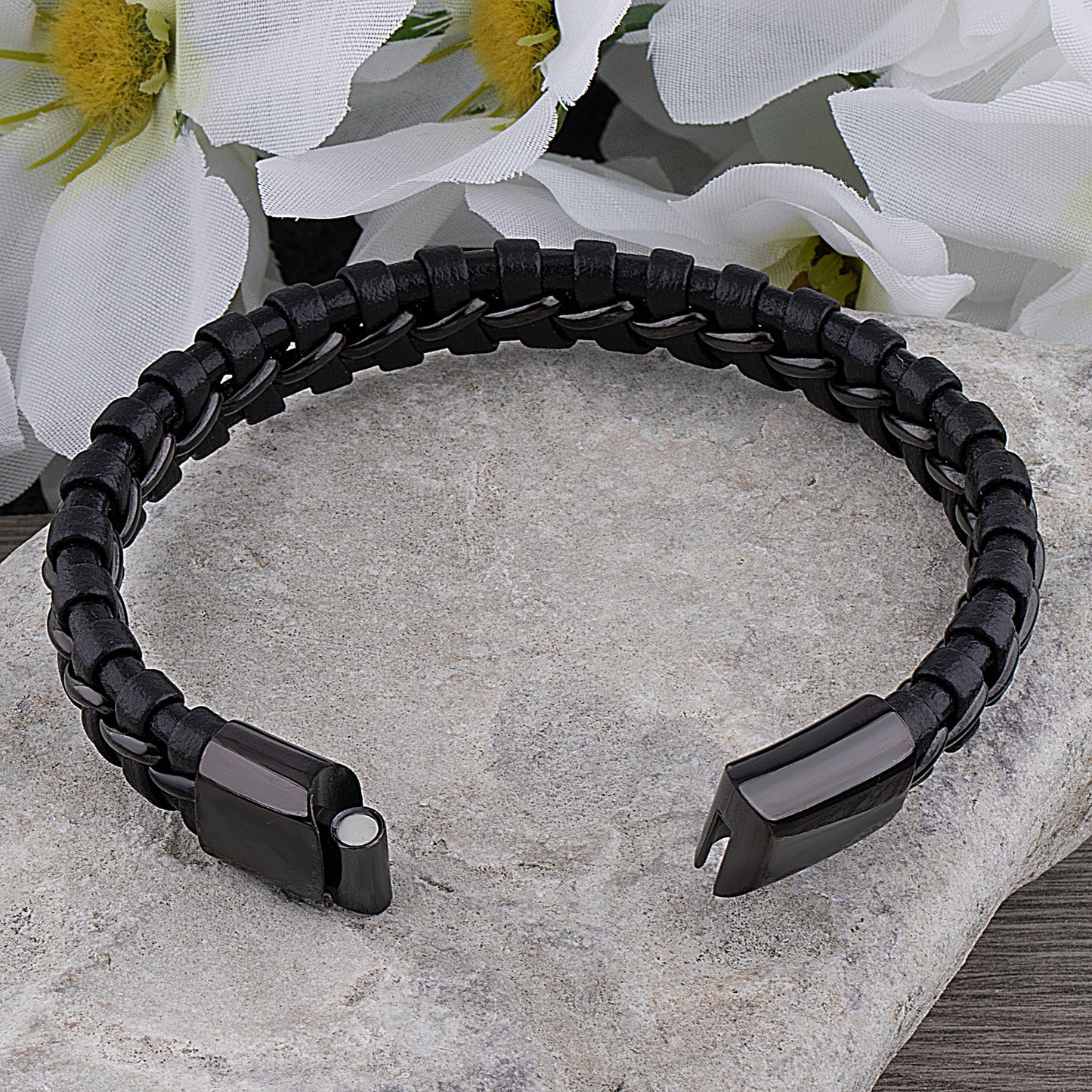 Black Stainless Steel Men's Bracelet with Braided Leather - SSLB013