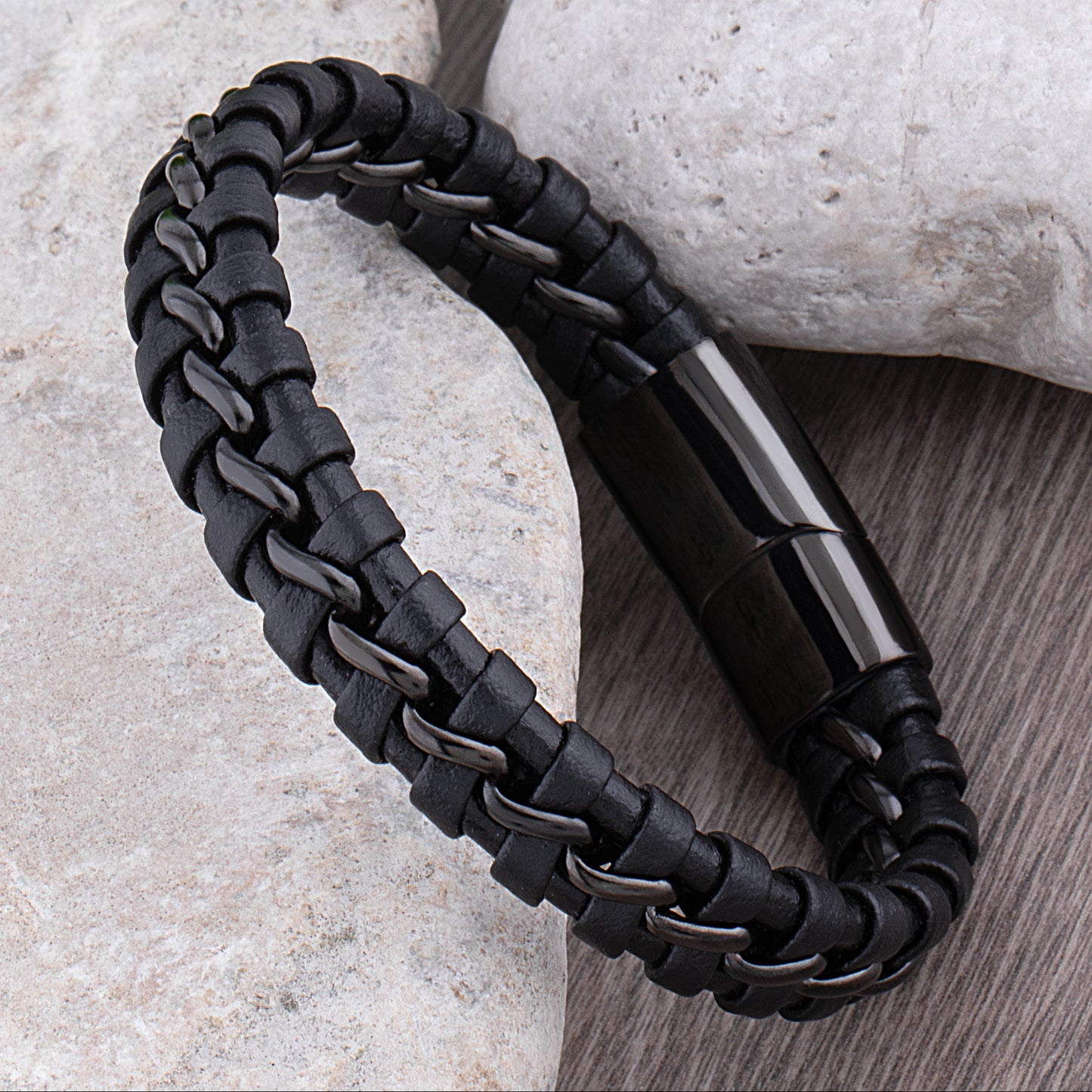 Black Stainless Steel Men's Bracelet with Braided Leather - SSLB013