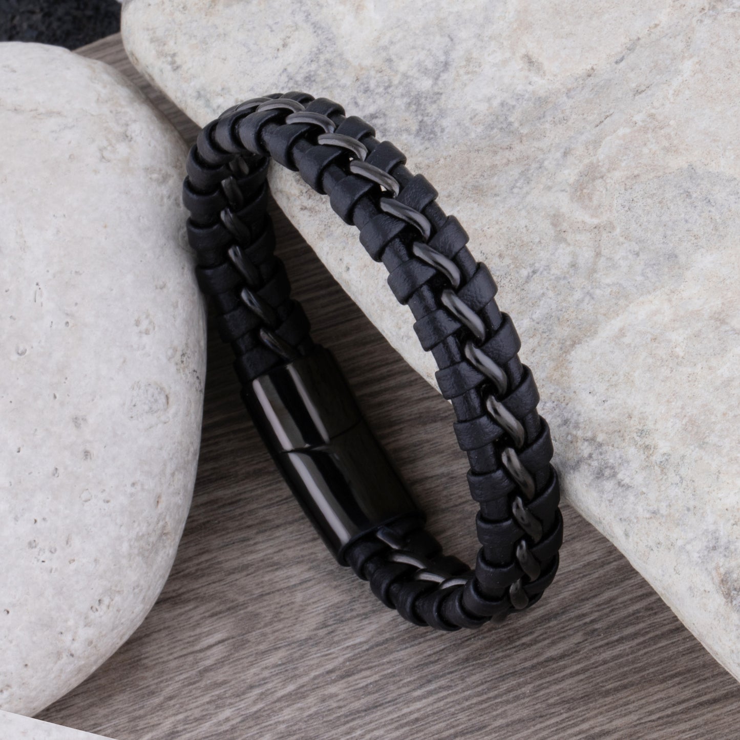 Black Stainless Steel Men's Bracelet with Braided Leather - SSLB013