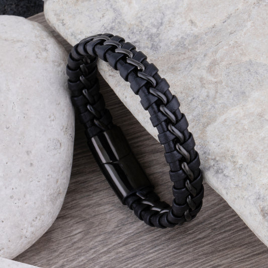 Black Stainless Steel Men's Bracelet with Braided Leather - SSLB013