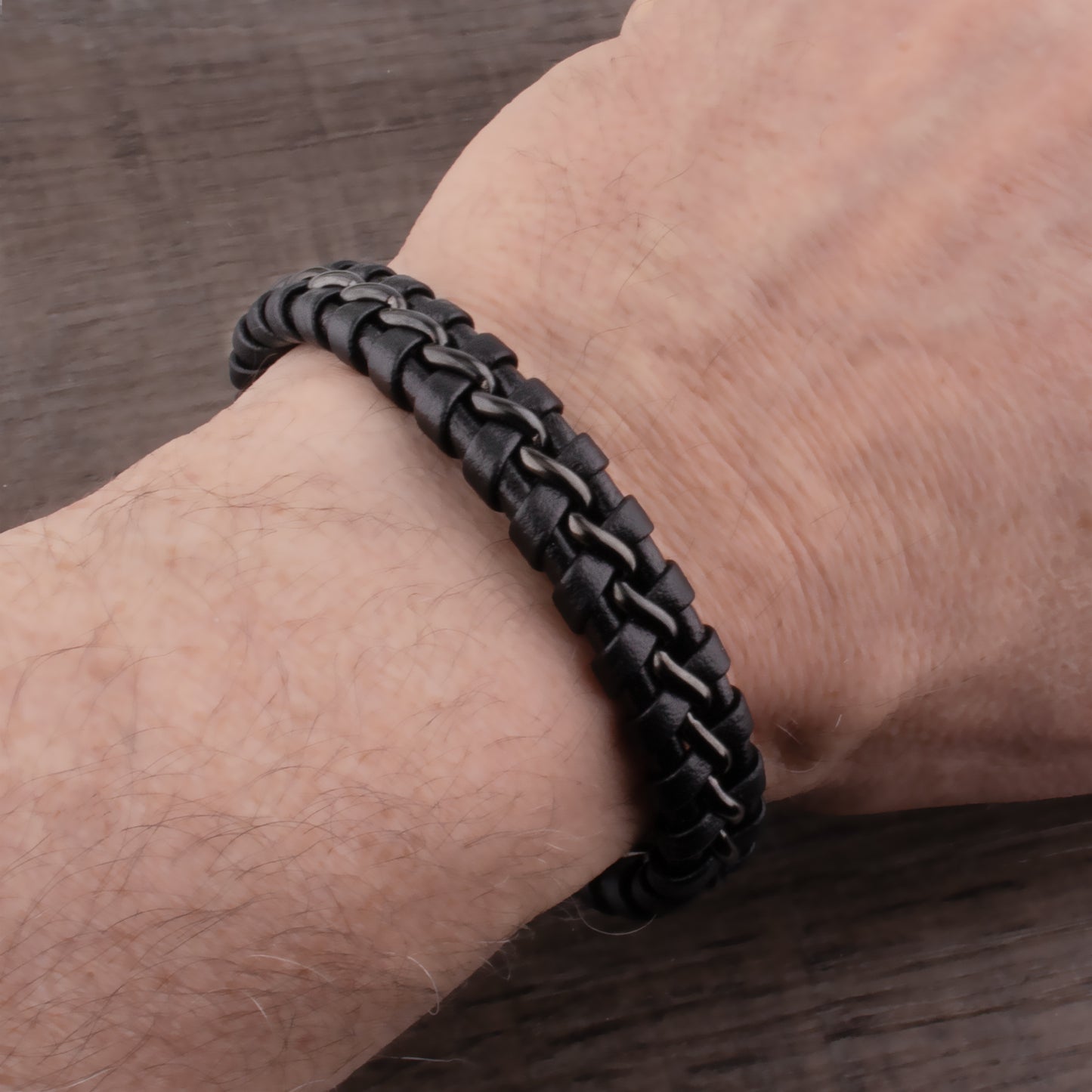 Black Stainless Steel Men's Bracelet with Braided Leather - SSLB013