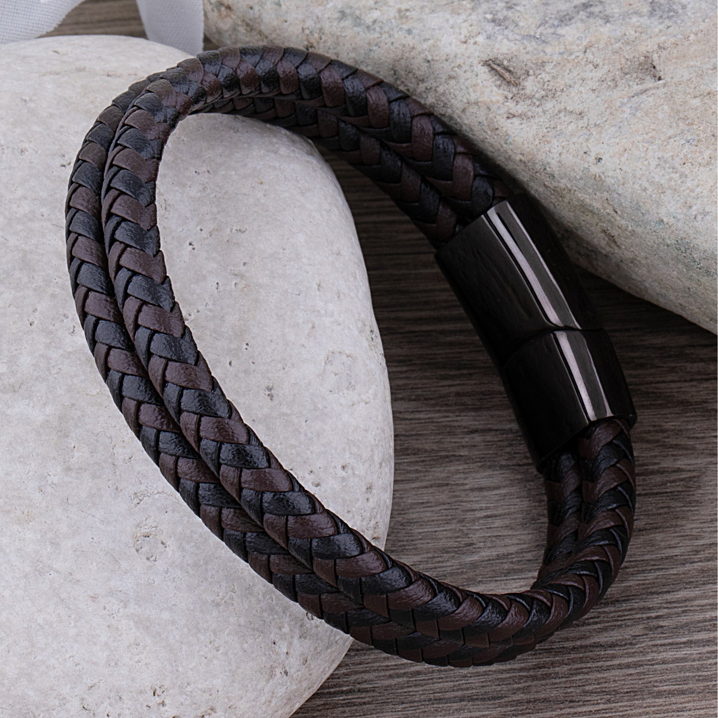 Stainless Steel Men's Bracelet with Black & Brown Braided Leather - SSLB014