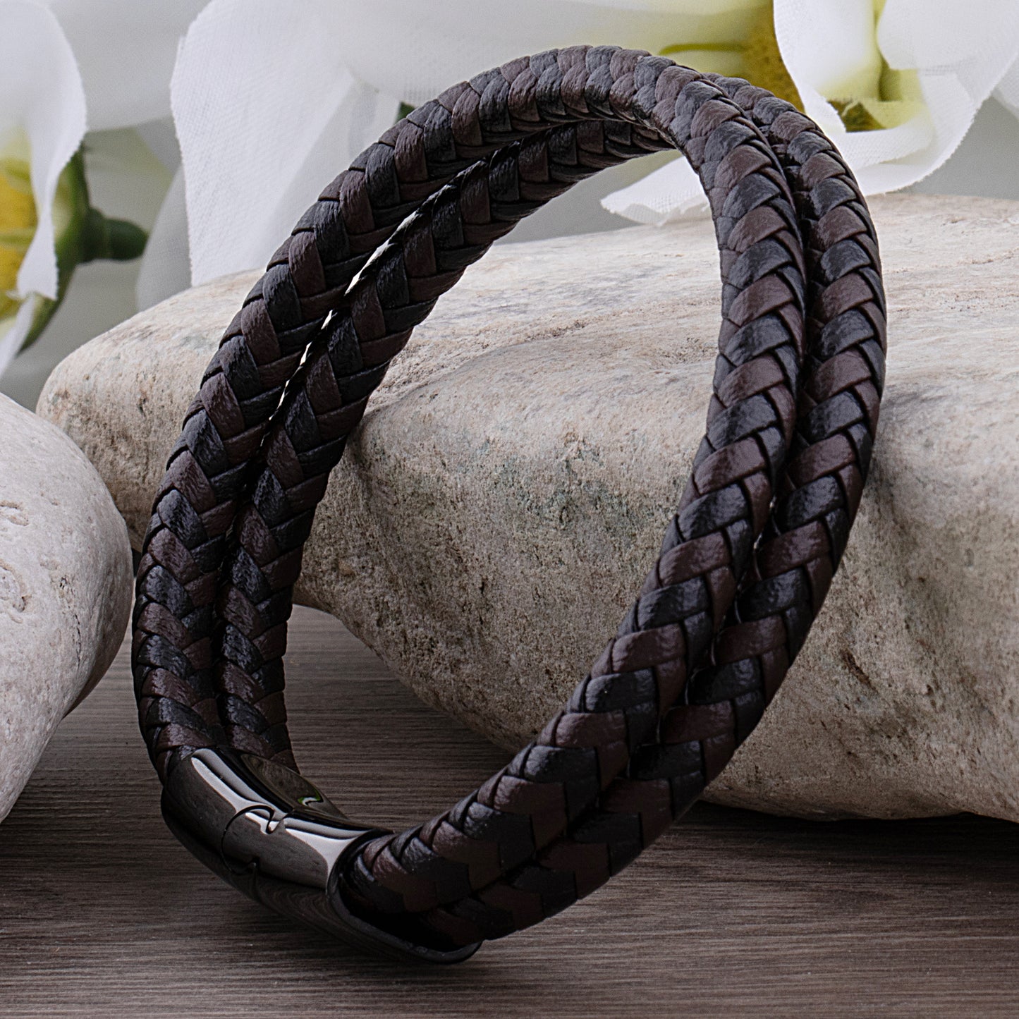 Stainless Steel Men's Bracelet with Black & Brown Braided Leather - SSLB014