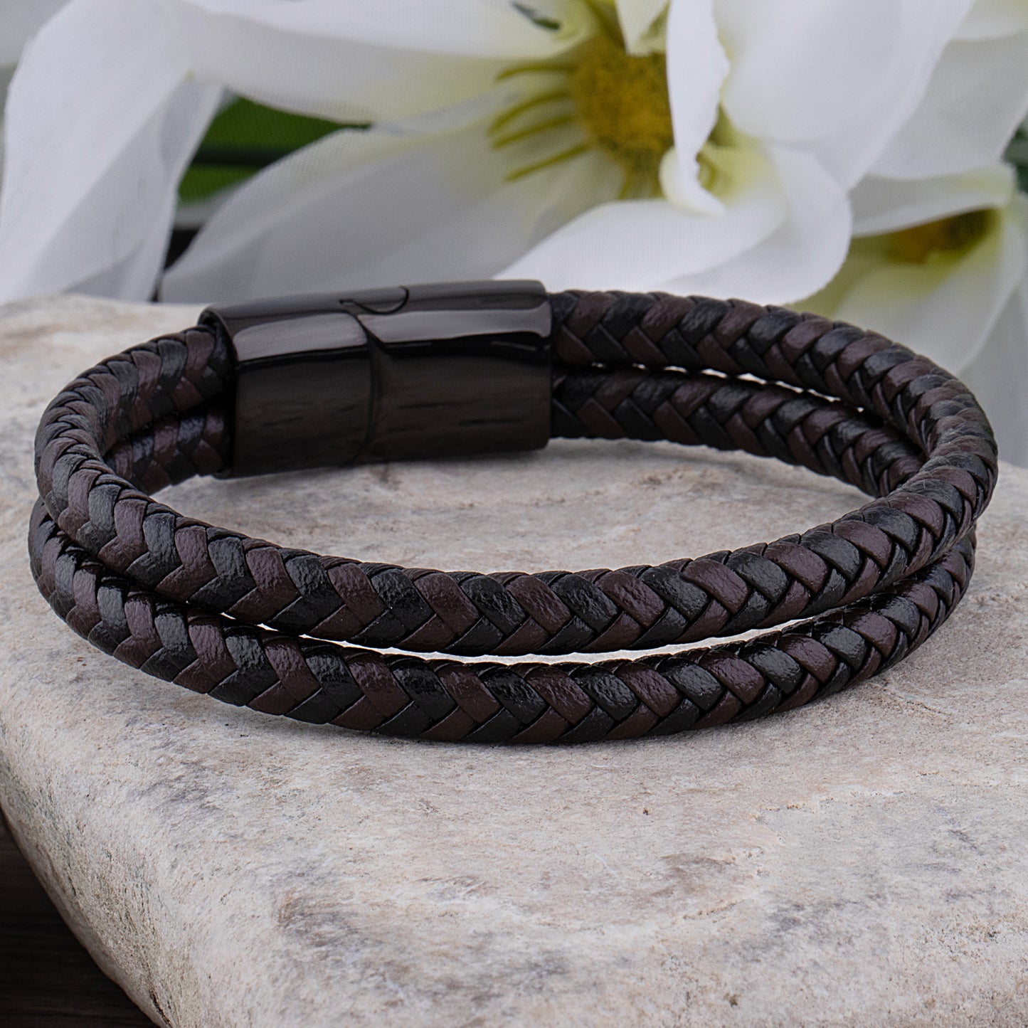 Stainless Steel Men's Bracelet with Black & Brown Braided Leather - SSLB014