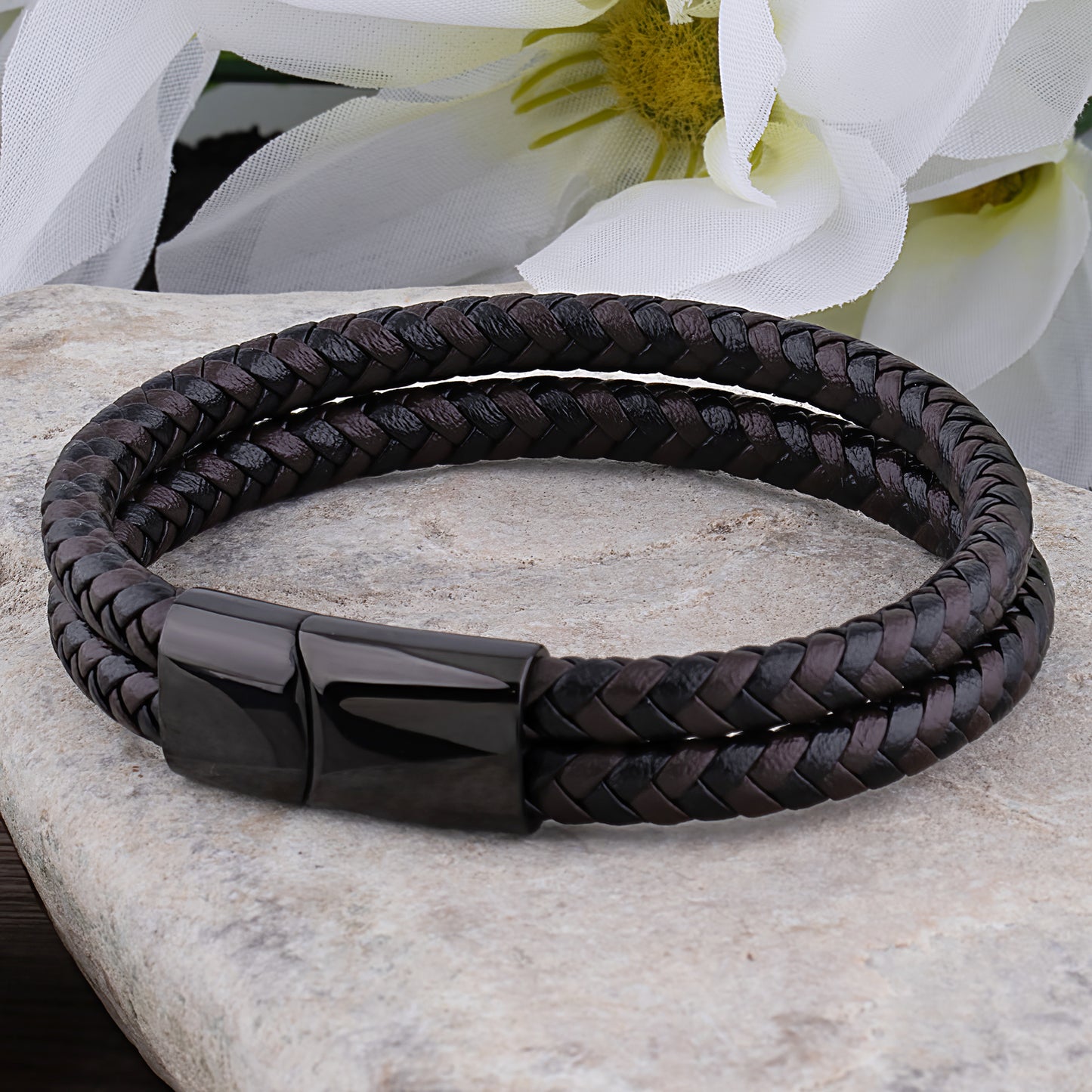 Stainless Steel Men's Bracelet with Black & Brown Braided Leather - SSLB014