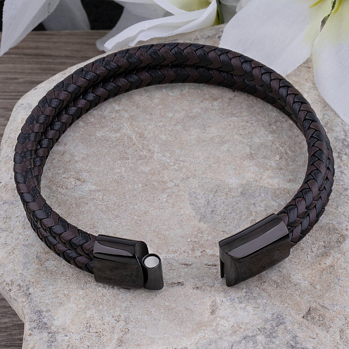 Stainless Steel Men's Bracelet with Black & Brown Braided Leather - SSLB014
