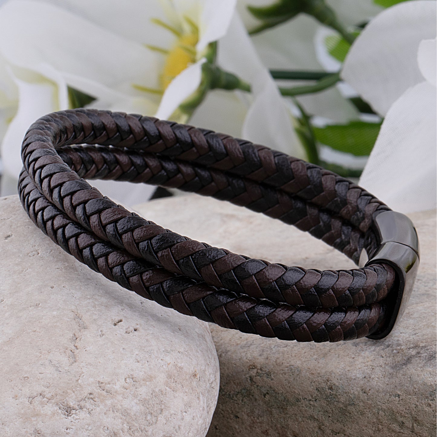 Stainless Steel Men's Bracelet with Black & Brown Braided Leather - SSLB014