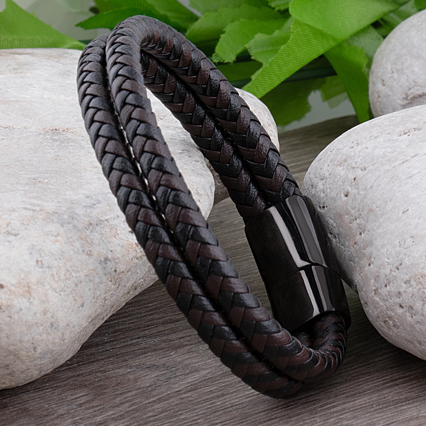 Stainless Steel Men's Bracelet with Black & Brown Braided Leather - SSLB014