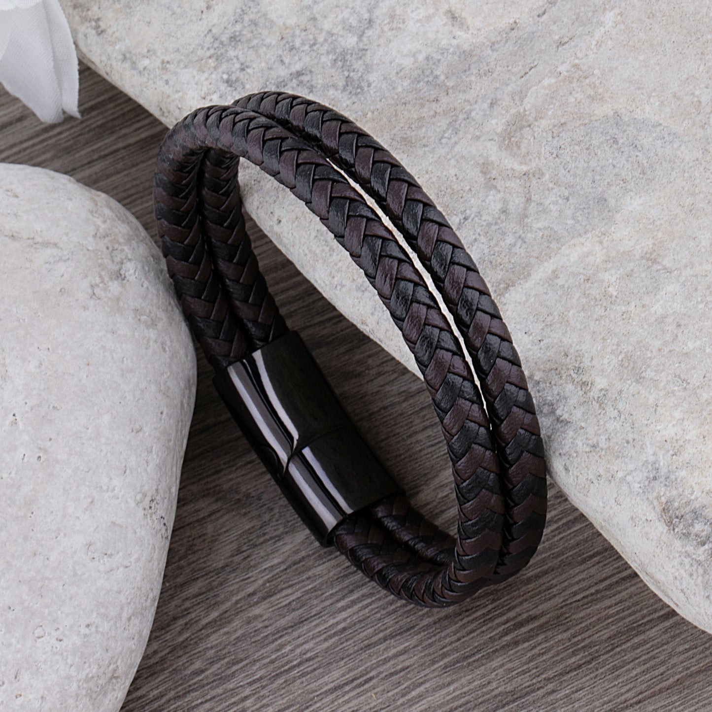 Stainless Steel Men's Bracelet with Black & Brown Braided Leather - SSLB014