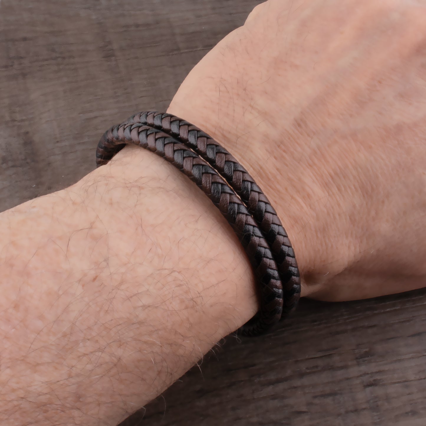 Stainless Steel Men's Bracelet with Black & Brown Braided Leather - SSLB014
