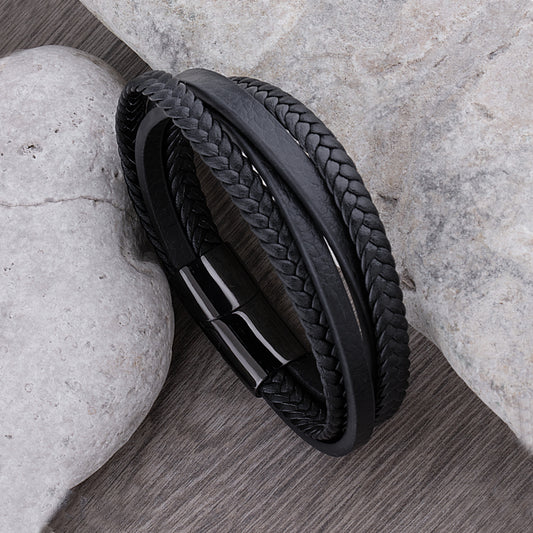 Black Stainless Steel Men's Bracelet with Braided Leather - SSLB018