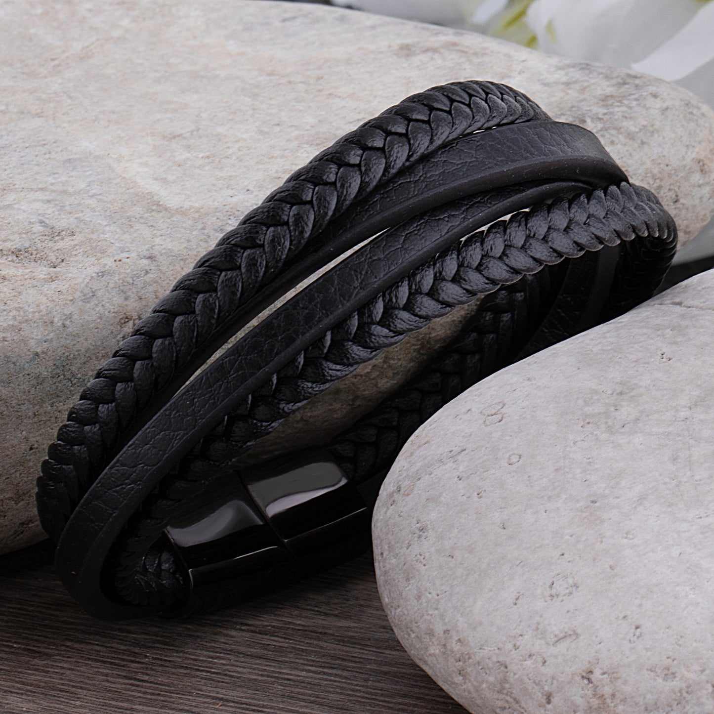 Black Stainless Steel Men's Bracelet with Braided Leather - SSLB018