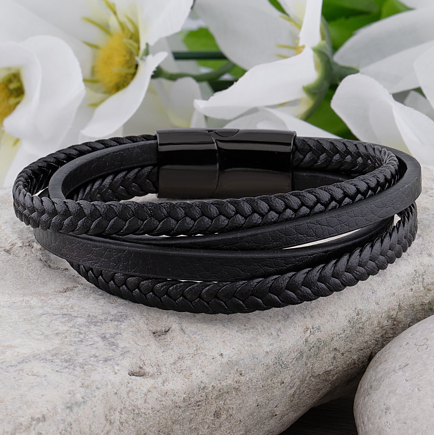 Black Stainless Steel Men's Bracelet with Braided Leather - SSLB018