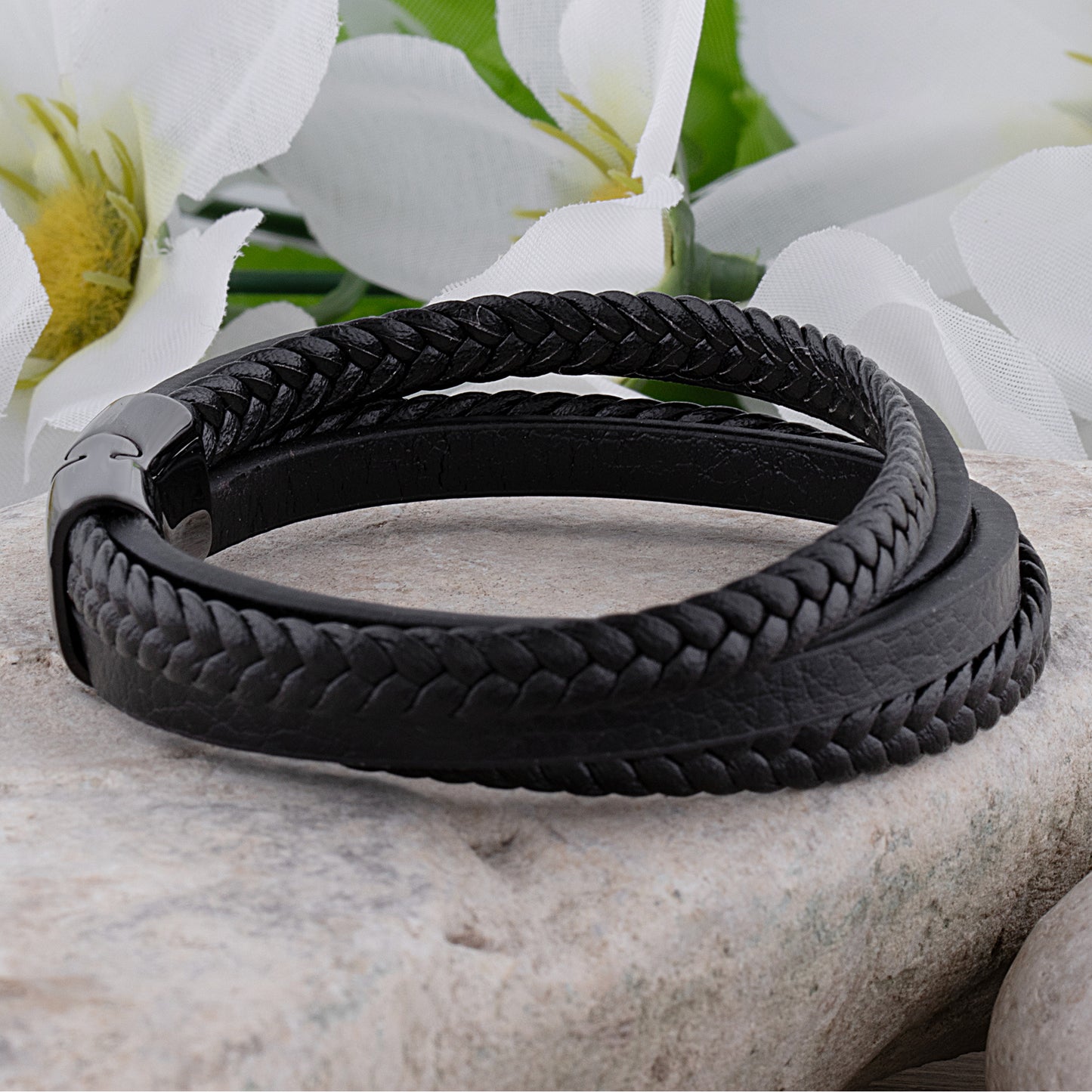 Black Stainless Steel Men's Bracelet with Braided Leather - SSLB018