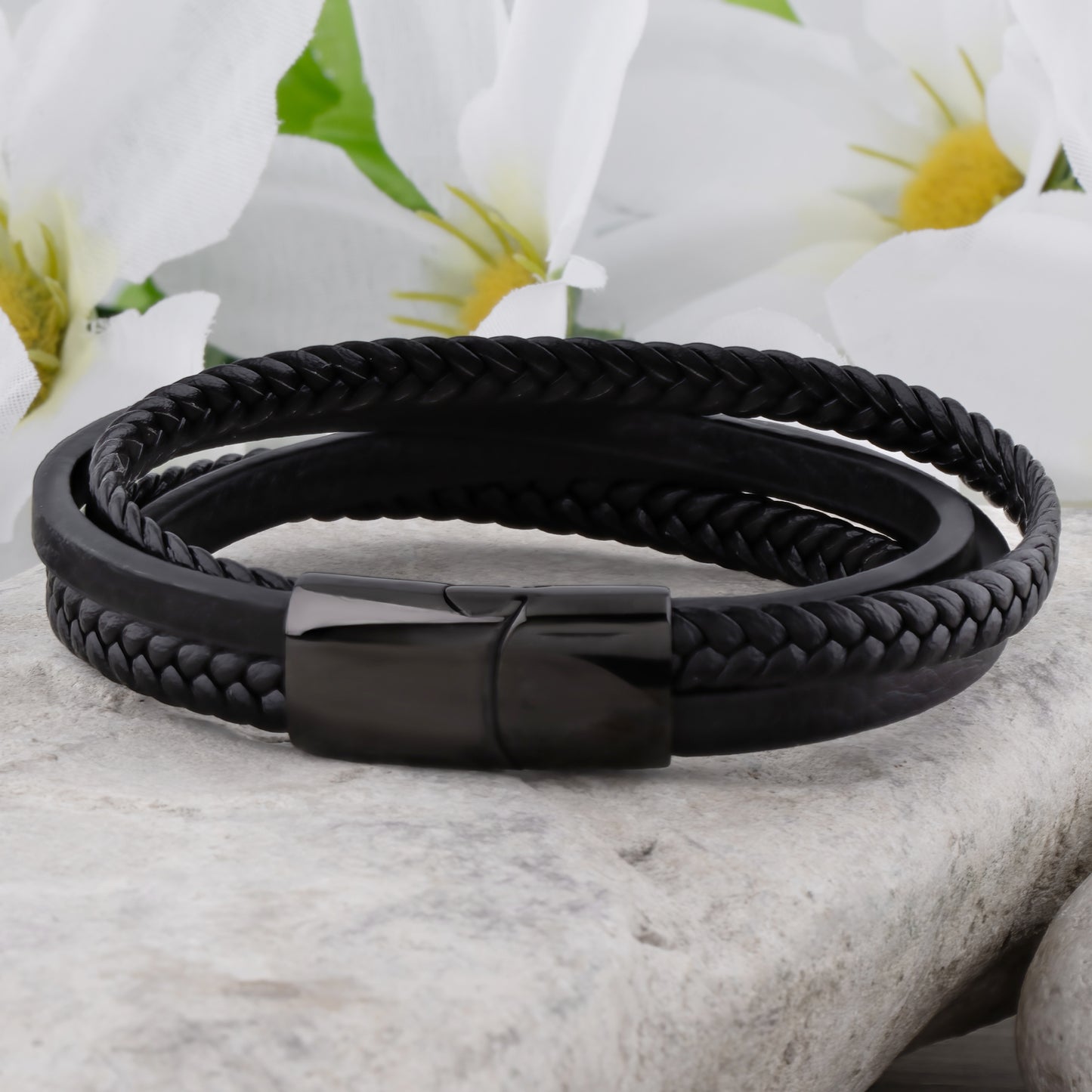 Black Stainless Steel Men's Bracelet with Braided Leather - SSLB018
