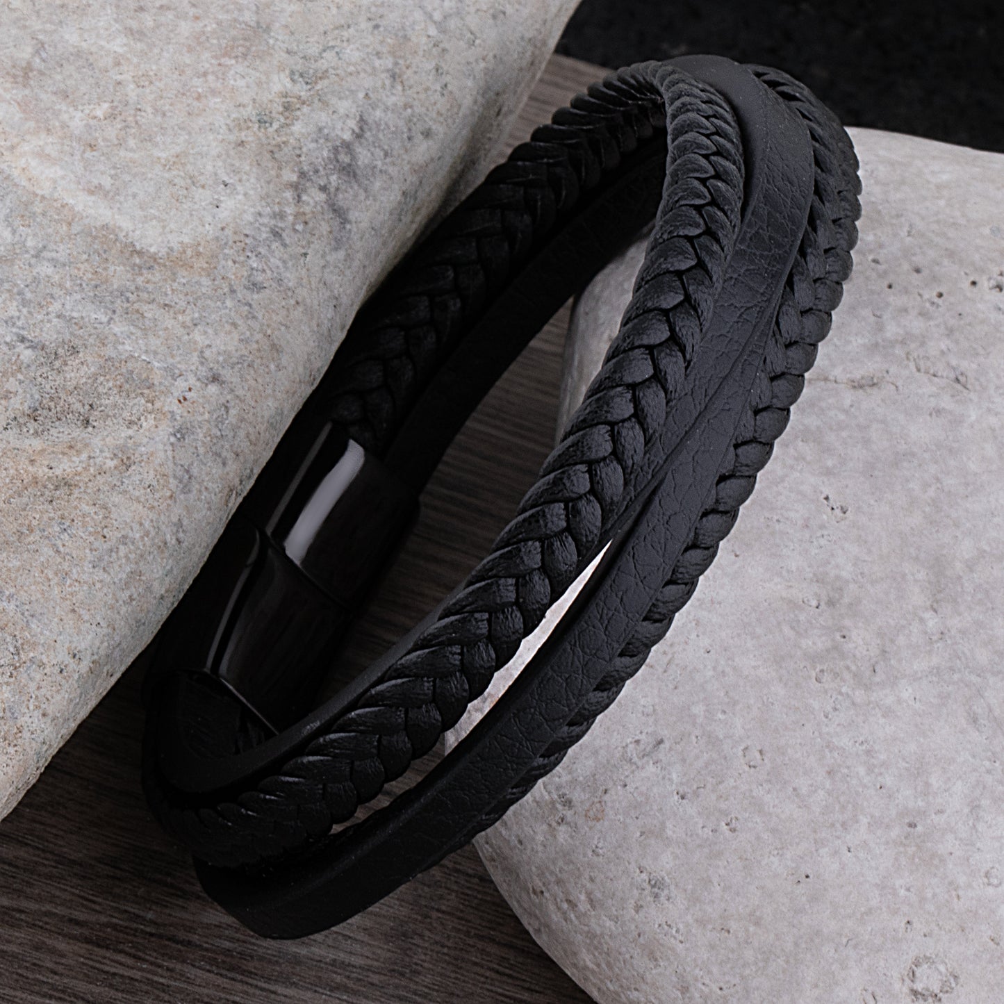 Black Stainless Steel Men's Bracelet with Braided Leather - SSLB018