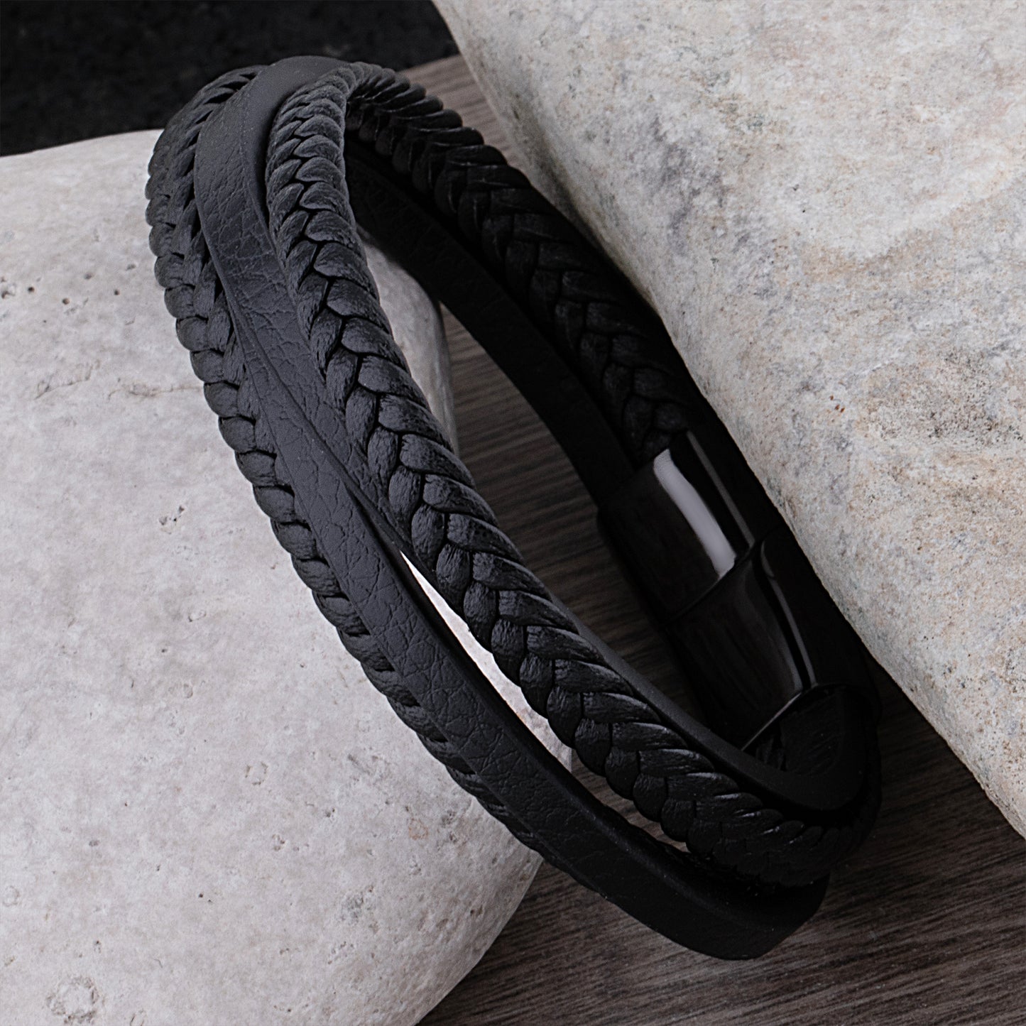 Black Stainless Steel Men's Bracelet with Braided Leather - SSLB018
