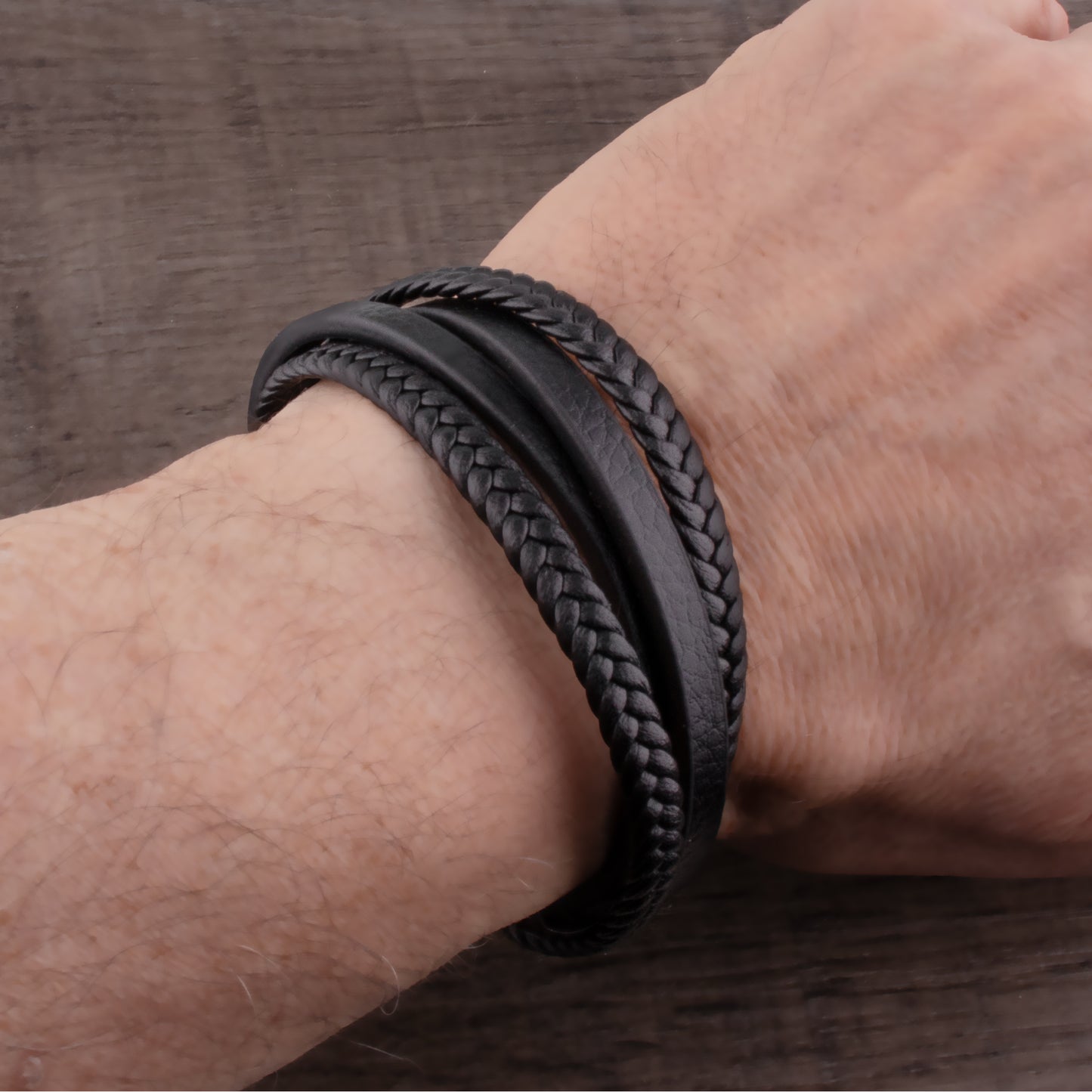 Black Stainless Steel Men's Bracelet with Braided Leather - SSLB018