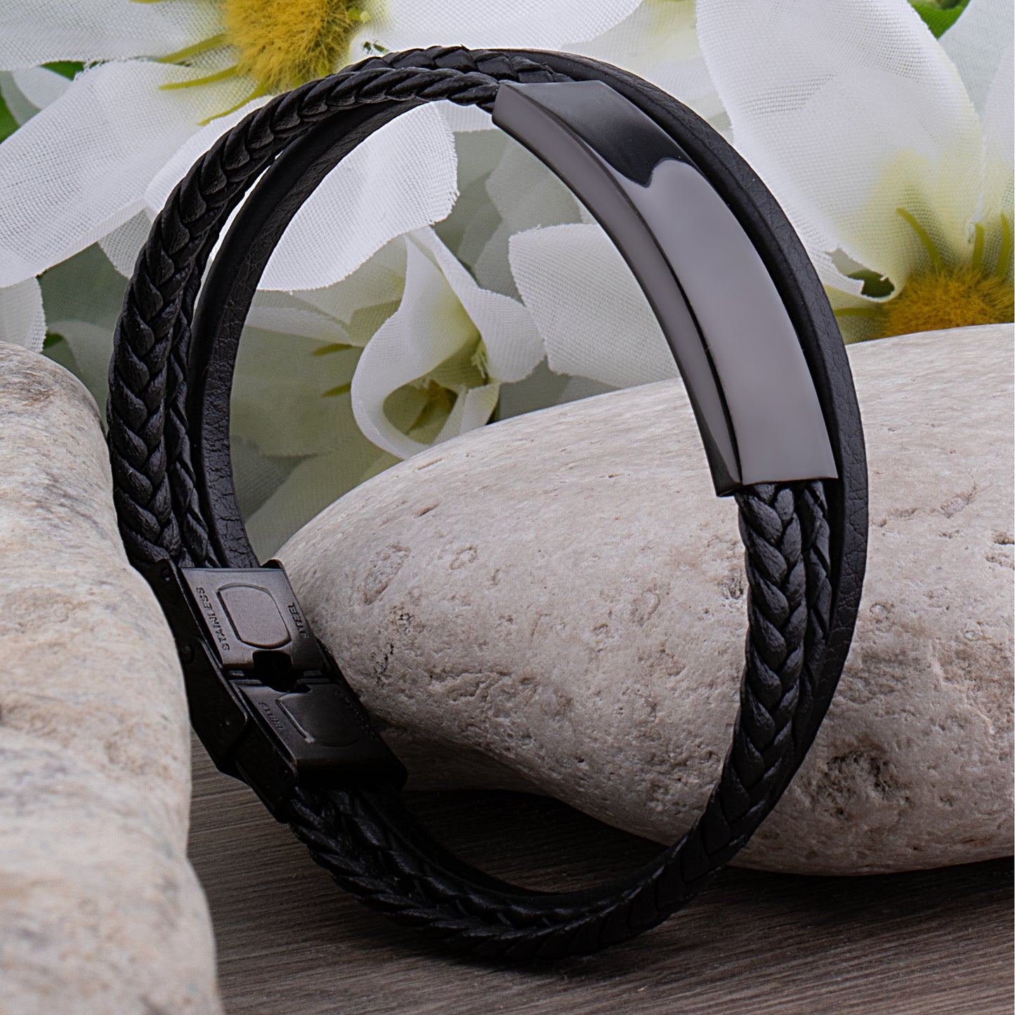 Stainless Steel Men's Black Braided Leather Bracelet with Engraving Plate - SSLB055
