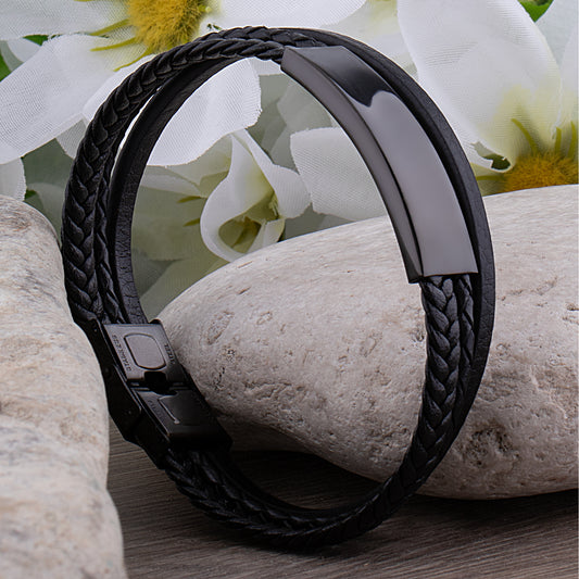 Stainless Steel Men's Black Braided Leather Bracelet with Engraving Plate - SSLB055