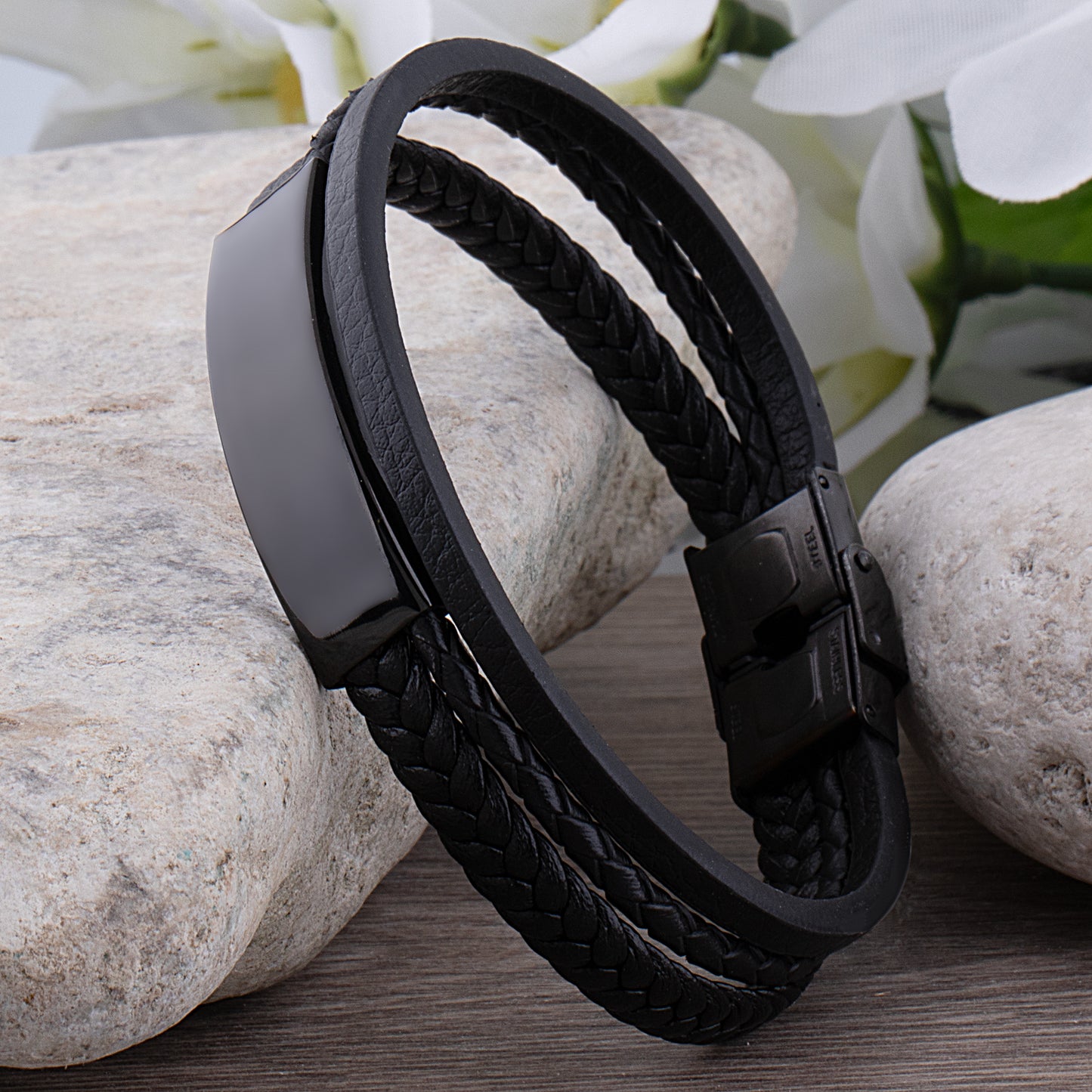 Stainless Steel Men's Black Braided Leather Bracelet with Engraving Plate - SSLB055