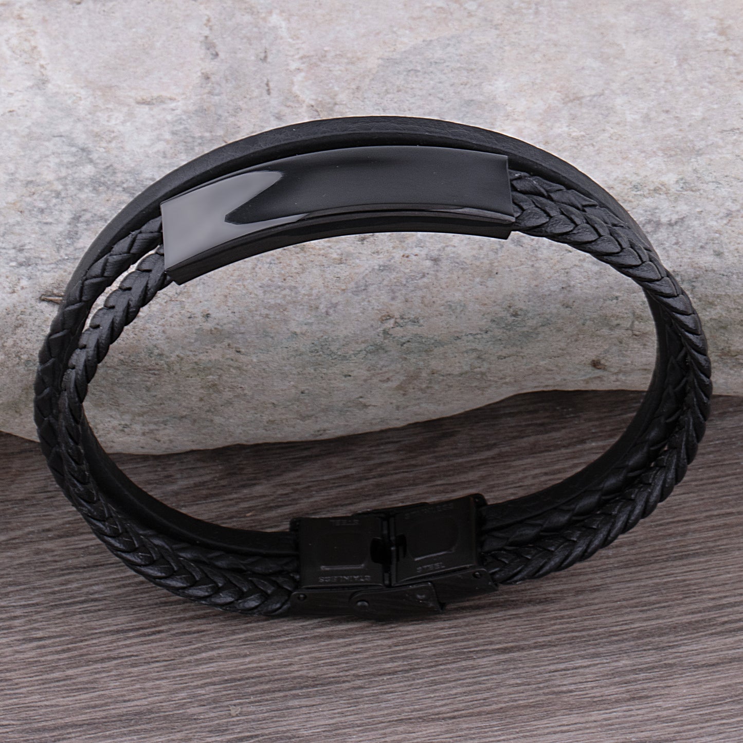 Stainless Steel Men's Black Braided Leather Bracelet with Engraving Plate - SSLB055