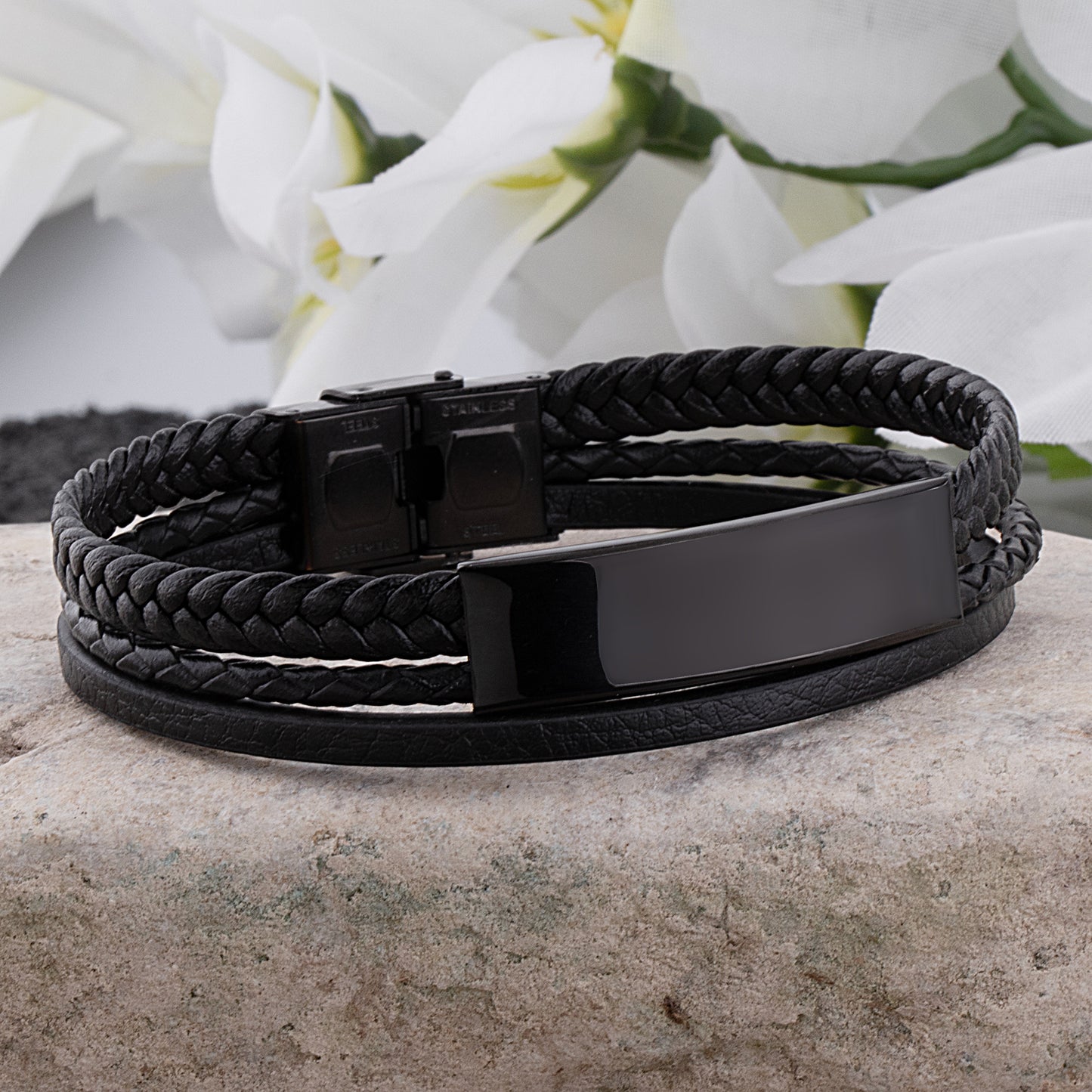 Stainless Steel Men's Black Braided Leather Bracelet with Engraving Plate - SSLB055