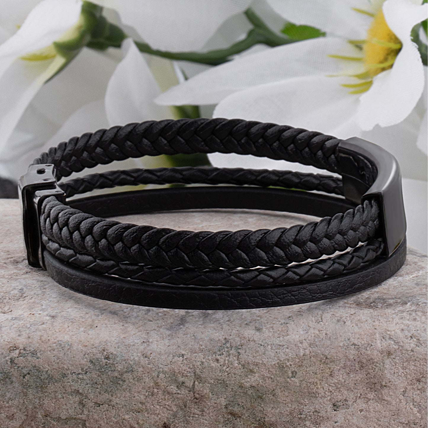 Stainless Steel Men's Black Braided Leather Bracelet with Engraving Plate - SSLB055