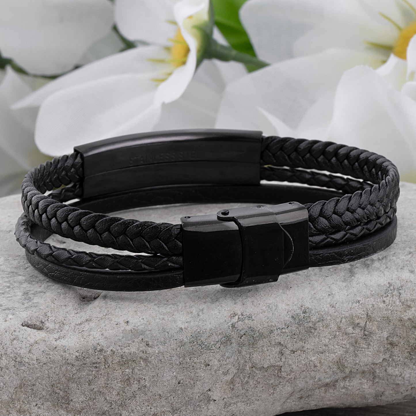 Stainless Steel Men's Black Braided Leather Bracelet with Engraving Plate - SSLB055