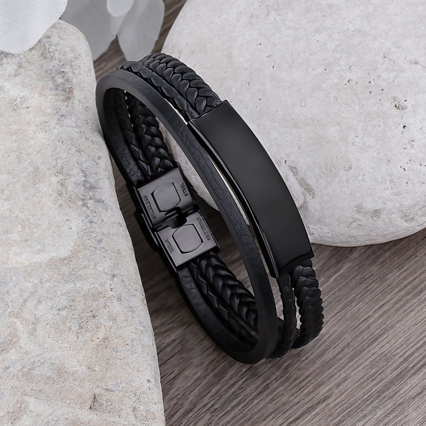 Stainless Steel Men's Black Braided Leather Bracelet with Engraving Plate - SSLB055