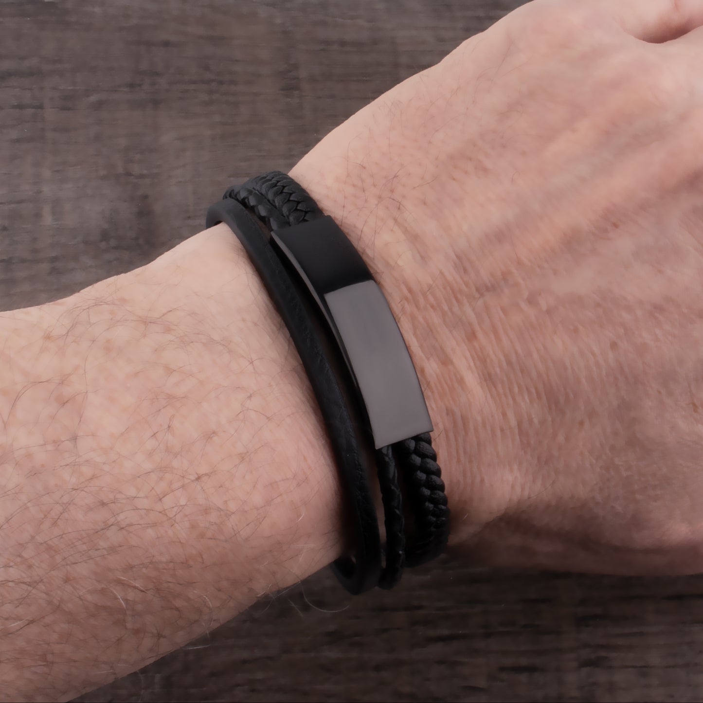 Stainless Steel Men's Black Braided Leather Bracelet with Engraving Plate - SSLB055