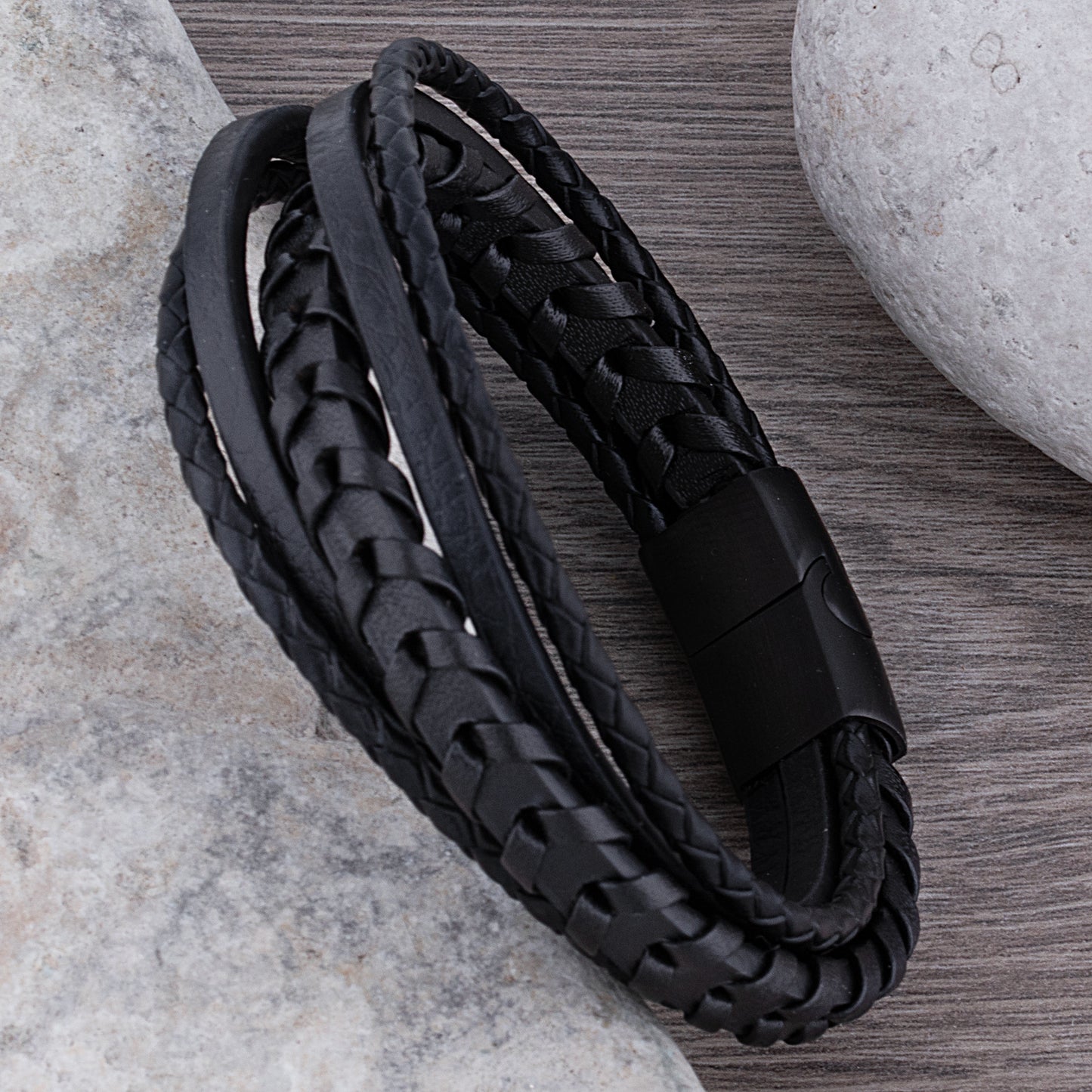 Stainless Steel Men's Bracelet with Black Braided Leather -SSLB099