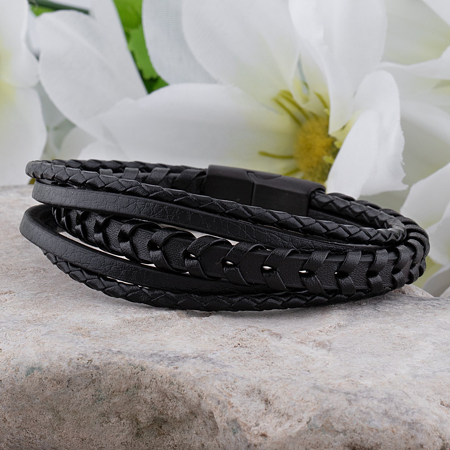 Stainless Steel Men's Bracelet with Black Braided Leather -SSLB099