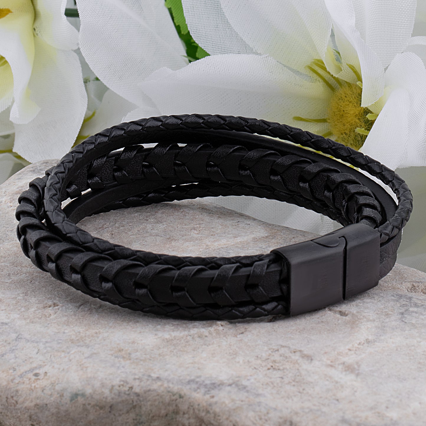 Stainless Steel Men's Bracelet with Black Braided Leather -SSLB099