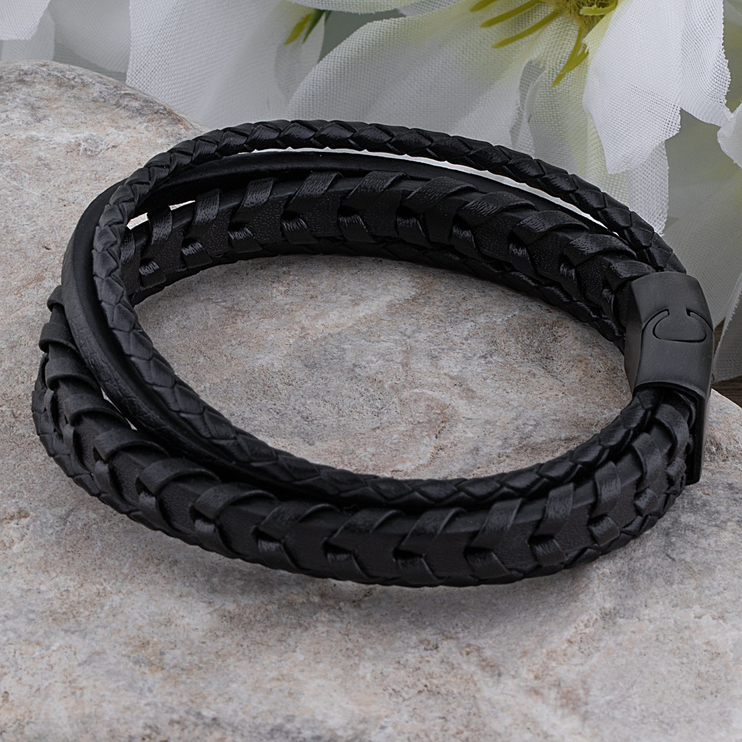 Stainless Steel Men's Bracelet with Black Braided Leather -SSLB099