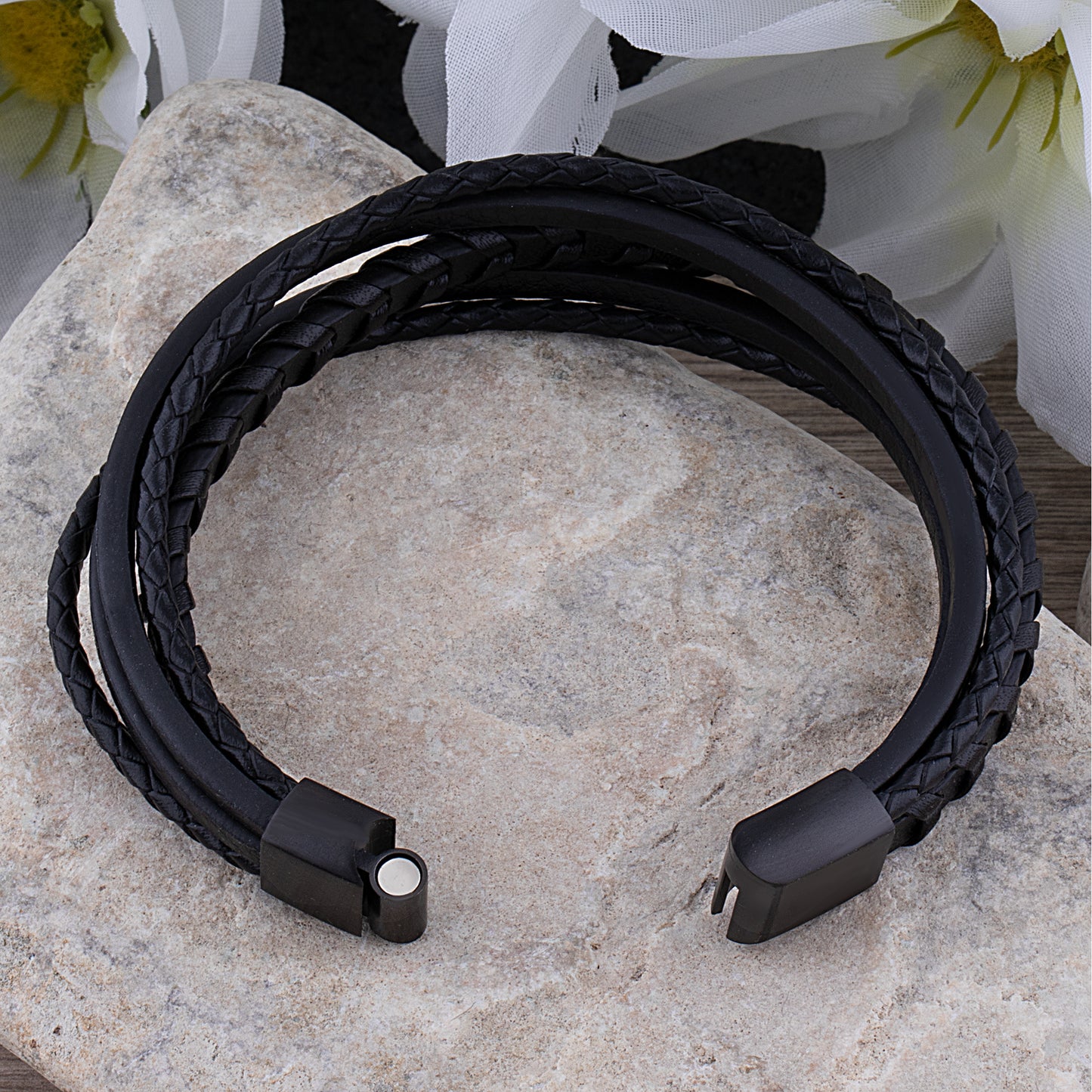 Stainless Steel Men's Bracelet with Black Braided Leather -SSLB099
