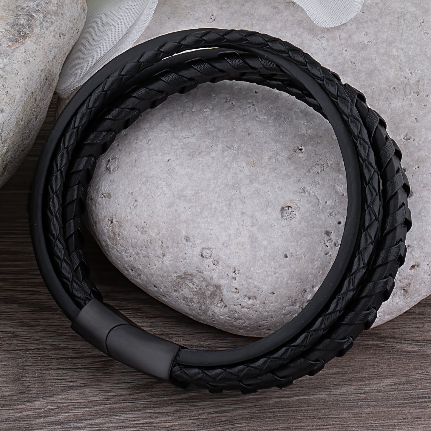 Stainless Steel Men's Bracelet with Black Braided Leather -SSLB099