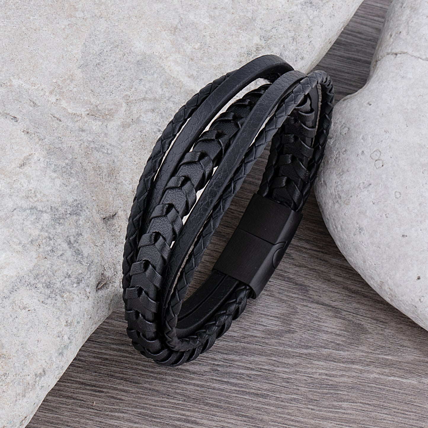 Stainless Steel Men's Bracelet with Black Braided Leather -SSLB099