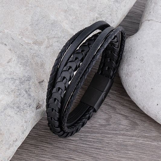 Stainless Steel Men's Bracelet with Black Braided Leather -SSLB099